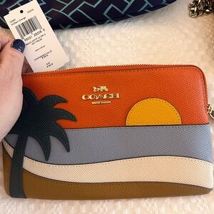 Coach Sunset Palm Clutch Wristlet - Orange, Gray, Cream, Brown